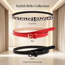 1pc/3Pcs Women's Leopard Print Slim Belt Set Adjustable Gold Buckle For Jeans Dresses - A - View 3