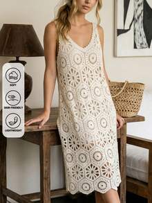Đầm midi cổ chữ V móc len kiểu Bohemian, đầm không tay ren khoét lỗ cho kỳ nghỉ biển, trang phục đi nghỉ mát kiểu Bohemian. - Màu be - Xem 1