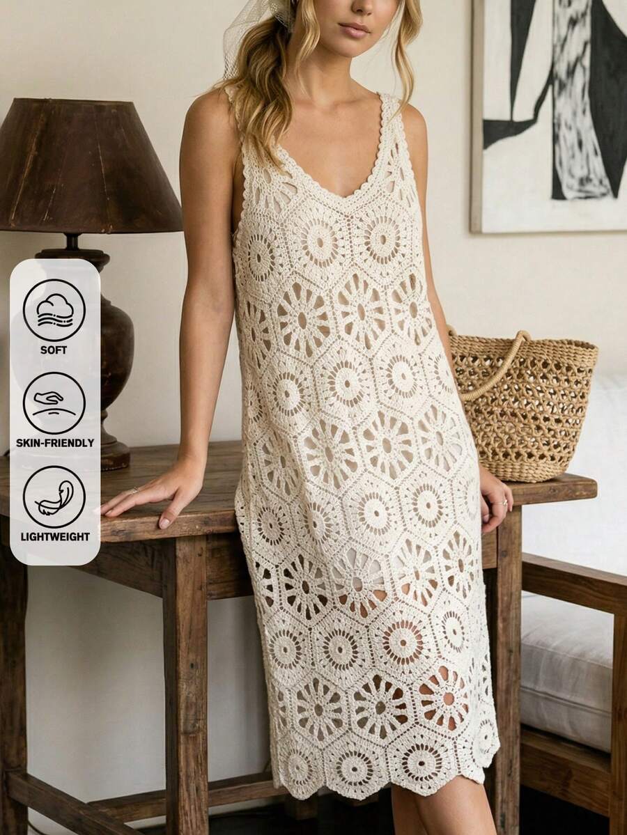 Đầm midi cổ chữ V móc len kiểu Bohemian, đầm không tay ren khoét lỗ cho kỳ nghỉ biển, trang phục đi nghỉ mát kiểu Bohemian. - Màu be - Xem 1
