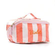 1pc Customizable Large Capacity Portable Travel Toiletry Bag, Makeup Organizer Bag, Personalized Name Letter, Multi-Color Striped, Double Zipper Wide Opening, Skincare Cosmetics Storage, Travel Makeup Bag - Multicolor - View 12