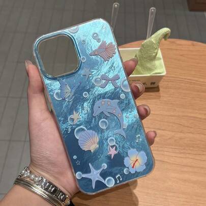 1个浅蓝色箔纸夏季贝壳海豚全包手机壳，适用于苹果11/11 Pro Max/12/12 Pro/12 Pro Max/13/13 Pro/13 Pro Max/14/14 Pro/14 Pro Max/15/15 Pro/15 Pro Max/16/16 Pro/16 Pro Max/17/17 Pro/17 Pro Max