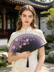 1把女士梅花折扇 - 复古中式/日式塑料手扇，饰有优雅梅花图案，便携，适用于舞蹈、角色扮演、婚礼、生日派对、主题活动、舞台表演，可作为礼物、节日配饰 - 彩色 - 查看 2