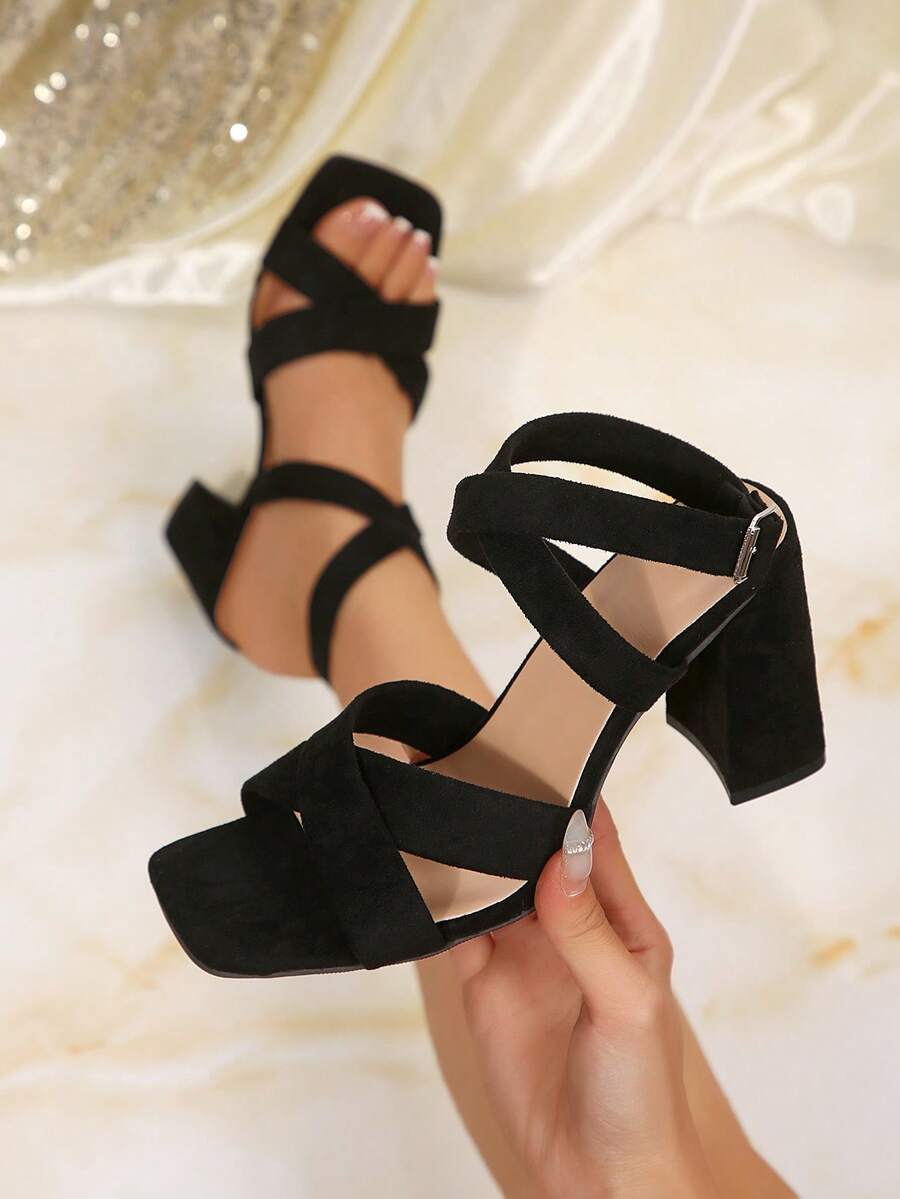 Sandalias de tacón alto de unicolor versátiles de moda para el verano - Negro - Ver 1