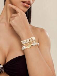 Altistry 7pcs Bohemian Style Beaded Bracelets With Shell, Beads & Starfish Pendants For Women (Bead Colors Are Randomly Matched) - White - View 8