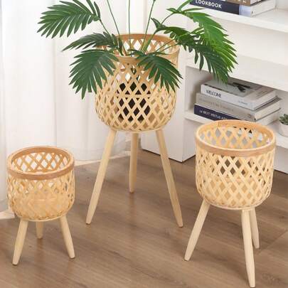 竹编花盆套，木腿植物架/落地植物架，大号客厅植物篮，户外阳台装饰架