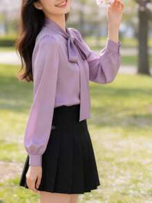 Camisa casual de manga larga de satén blanco elegante para mujer, blusa versátil para ir al trabajo con detalle de cuello con lazo - unicolor apto para todas las estaciones, lavable a máquina, no transparente, tela suave y transpirable, textura de satén refinada, corbata de unicolor para la oficina y uso diario en primavera - Púrpura malva - Ver 9