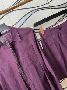 Linen Shirt And Shorts Set (2 Pieces) - Purple With Pockets - View 10