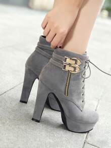 高跟公主鞋，粗跟皮革系带性感防水台踝靴，新款秋冬时尚 - 灰色 - 查看 4