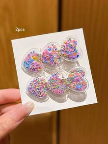 2pcs Colorful Heart-Shaped Liquid Quicksand Hair Clips, Sweet Style Suitable For Daily Use - Multicolor - View 6
