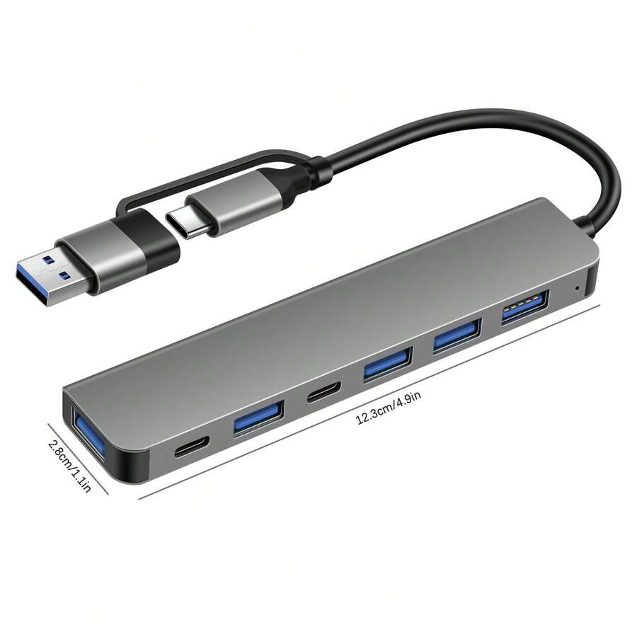 XIAVEN 7 In 1 Dual Input Connectivity Hub Instantly Expand Your Device's Capabilities With This 7-Port USB-C DEMKICO Hub. It Features A Dual-Input Design, Allowing Connection Via Native USB-C Or The Included USB-A To USB-C Adapter For Compatibility With USB-A Ports. The Hub Provides: 1x USB 3.0 Port, 4x USB 2.0 Ports, And 2x USB-C Data Ports. - View 1
