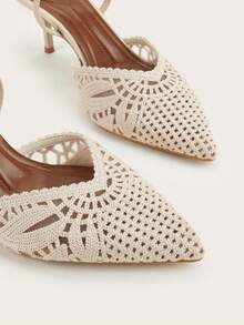 Women's Middle Eastern Mule Shoes, Apricot Woven Pointed Toe Backless Slip-On High Heel Sandals,Summer Outfits - Apricot - View 3