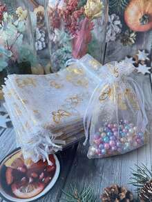 40 Stück kleine weiße & goldene Schmetterling Deko transparente Organza Zugbeutel, Muster mit goldenen Schmetterling- & Blumenmuster, geeignet für Schmuck, Party Geschenke - A - Übersicht 7