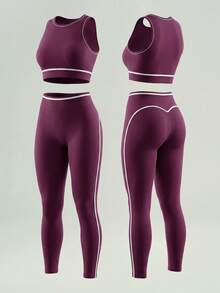 UONNOU Top Cropped Feminino Branco com Decote Redondo e Acabamento Contrastante Sem Mangas & Legging Sem Costura Cintura Alta com Efeito Levanta Bumbum em Formato de Pêssego, Ultra Macio com Elasticidade 4-Way Amigável à Pele - Roxo - Visão 5