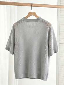 男士春夏针织圆领镂空短袖毛衣，撞色领休闲日常百搭款 - 灰色 - 查看 2