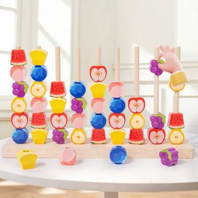 Montessori Fruit Ring Stacking Game For Kids, Interactive Fruit Recognition & Color Sorting Matching Toy, Fine Motor Skills & Hand-Eye Coordination Training Aid, Parent-Child Interactive Wooden Counting Toy, Preschool Cognitive Development & Early Learning Educational Toy For Boys & Girls