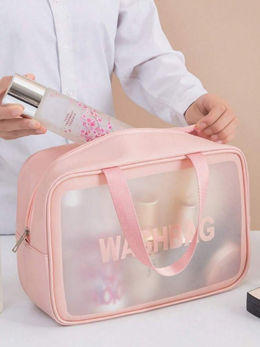 1pc Korean Style PU Matte Makeup Bag, Large Capacity Travel Cosmetic Pouch - Pink - View 1