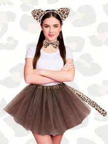 3 Piecespopular Best-Selling Leopard Print Set, Featuring A Hairband And Butterfly End Decoration. Suitable For Festive Parties And Stage Outfits. - Khaki - View 4