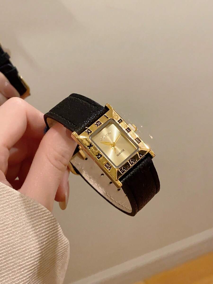 1件女士椭圆形罗马数字休闲优雅石英腕表,适合日常佩戴 - 黑色 - 查看 1