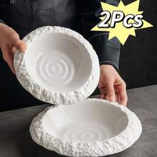 2 Pcs 10&8 Inch Textured Rock Pattern Wide Rim Ceramic Plates, Light Luxury High-Grade Large Capacity Deep Plates, Multipurpose For Soup, Dishes & Fruits. - White - View 3