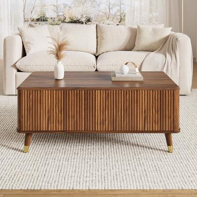 Modern Retro-Style Coffee Table, Height-Adjustable Tabletop, Wavy Structure, Walnut Finish, Wooden Legs, Ample Storage Space, Multifunctional Living Room Table.