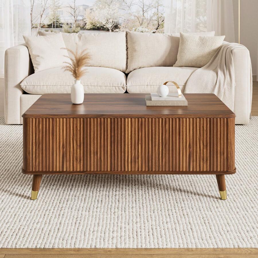Modern Retro-Style Coffee Table, Height-Adjustable Tabletop, Wavy Structure, Walnut Finish, Wooden Legs, Ample Storage Space, Multifunctional Living Room Table. - Walnut Wood Color - View 1