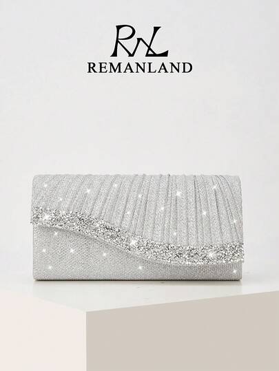 REMANLAND 1pc Mini Glitter Shiny Chain Folding Wrinkle Square Bag, For Wedding Party Evening, Tready Party Bags,Perfect For Party, Wedding, Prom, Dinner/Banquet, Perfectly Matching With Prom Dresses For Women, Prom Accessories,Sequin Dress Women,Sparkly Dress,Elegant Dresses For Women, Elegant Prom Bag, Perfectly Matching With Bridal Party ,Wedding , Sequin