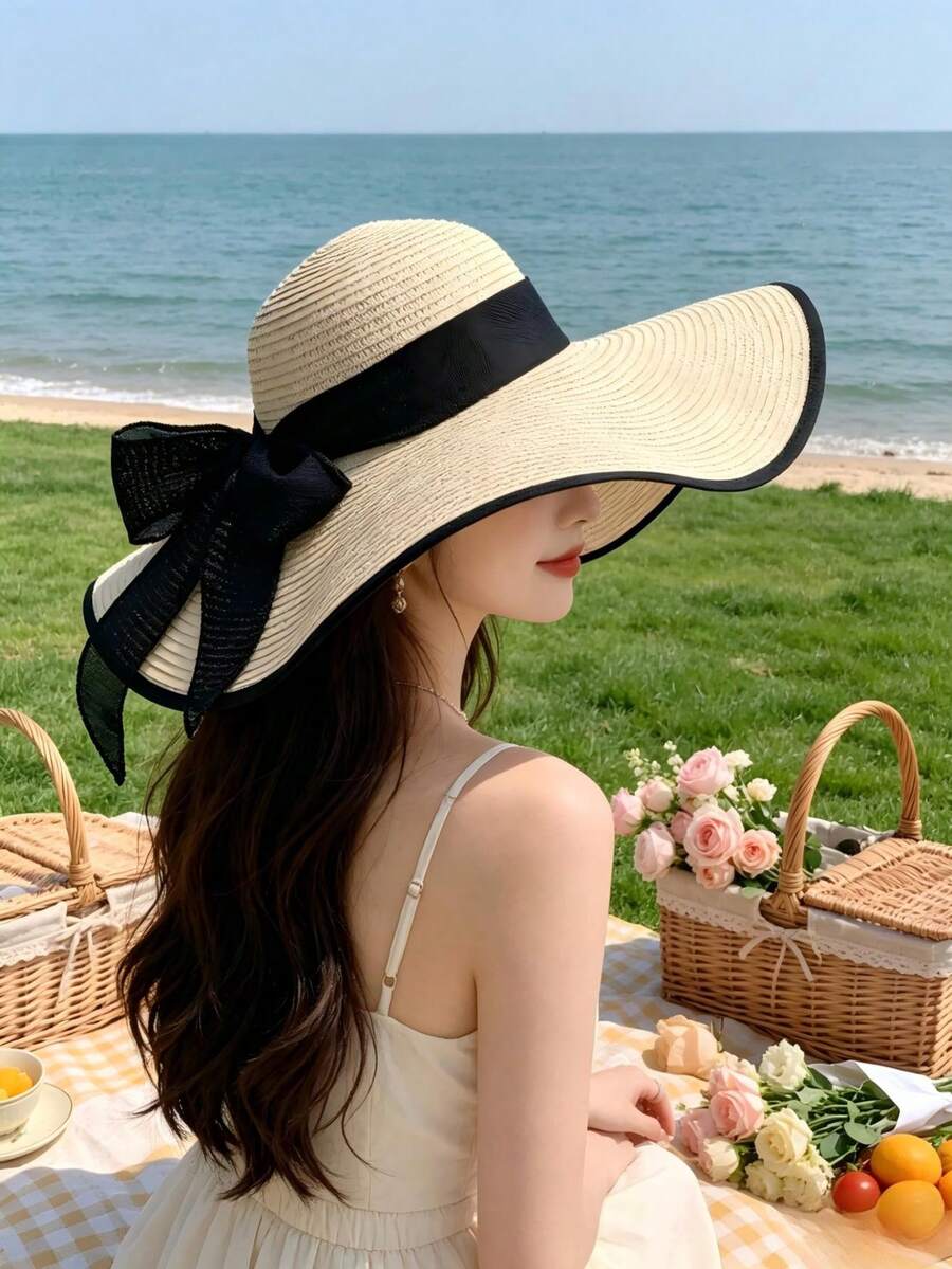 1件夏季沙灘帽,適合沙灘活動,多功能沙灘旅行配件,輕量透氣設計,寬邊沙灘帽,可折疊度假帽,附蝴蝶結緞帶,防曬,休閒風格,返校禮物 - 海灘帽 - 查看 1