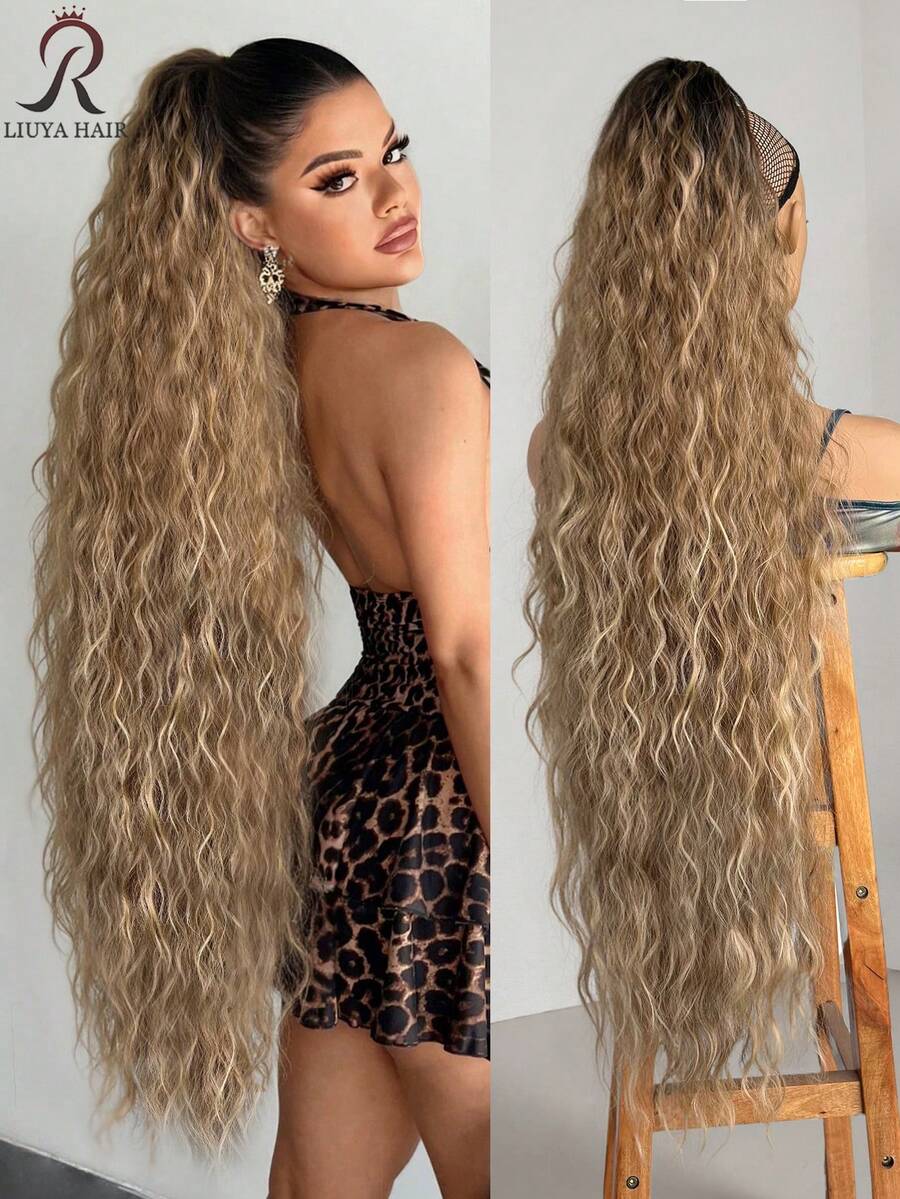 36 Inch Long Lightweight Fully Natural Curly Black Hair Ponytail Wig, Multi-Layer Soft Drawstring Synthetic Hair Ponytail Extension For Women