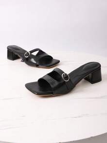 Mules décontractées d'été pour femmes, style minimaliste avec boucle. Sandales à talon carré, bout ouvert, couleur unie, idéales pour les vacances et le port quotidien - Noir - Voir 8