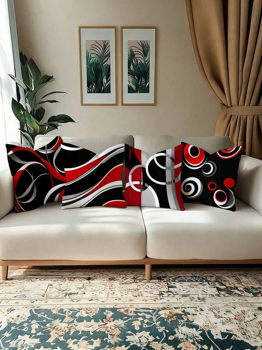 4 Pcs Abstract Red Black Pillow Covers Modern Wave Striped Cushion Covers For Couch Bedroom Decor, No Pillow Inserts - 4pcs - View 1