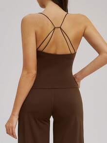 TimeOff Women's One Set Solid Color V-Neck Spaghetti Strap Sports Bra & Criss-Cross Waist Letter Print Straight Leg Pants Set - Brown - View 7