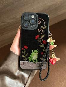 Flower & Frog Cute Painted Perforated Black Painted With Strawberry Chain Simple Fashion Creative Anti-Drop Phone Case Compatible With IPhone/ Galaxy// - Multicolor - View 3