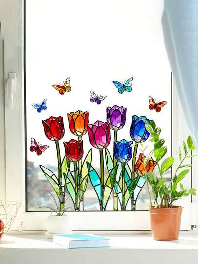 1片彩色郁金香蝴蝶双面同色玻璃贴纸，阳光折射营造彩色玻璃效果，适用于厨房、卧室、窗户装饰，蝴蝶图案玻璃膜，彩虹渐变蝴蝶设计窗贴，适合家庭聚会、户外露台、推拉门装饰，防水可重复使用PVC透明装饰膜