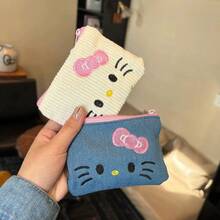 SANRIO 可爱Hello Kitty化妆包,刺绣零钱包,迷你便携灯芯绒小钱包,卡通KT猫耳机口红收纳袋,学生少女零钱包,独特设计钥匙扣,送礼佳品,四季皆宜,粉色蝴蝶结拉链封口,适合学生和旅行者,女士钱包,迷你钱包,小钱包,可爱钱包 - 彩色 - 查看 5