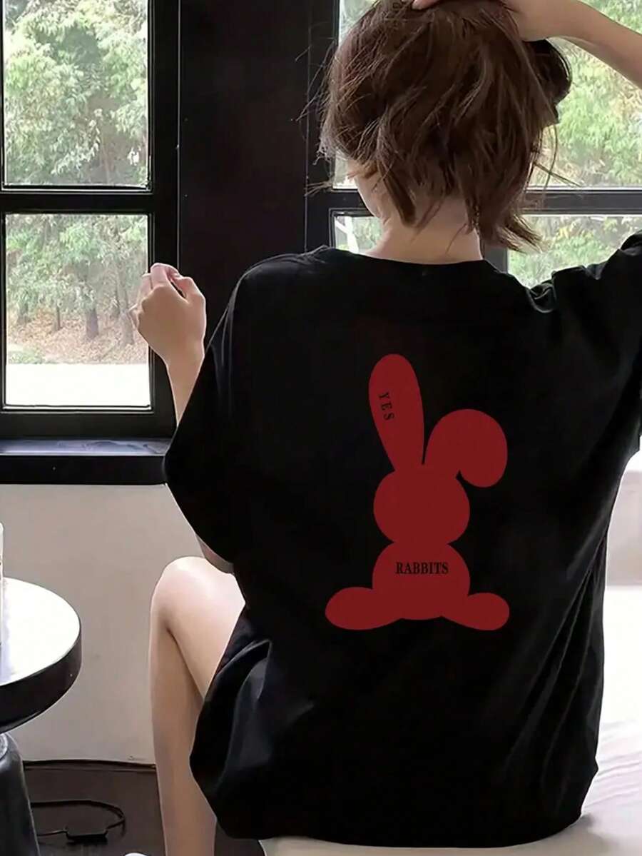 Women's Fashion Summer Round Neck Loose Versatile Minimalist Letter & Rabbit Cartoon Short Sleeve T-Shirt Casual Black - Black - View 1
