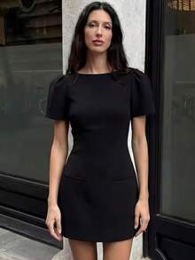 DEEKA Spring/Summer New Arrival Women's Fashion Pleated Pocket Mini Dress, European And American Style Black Elegant - Black - View 7