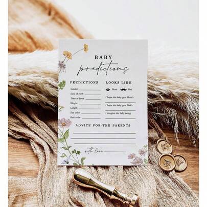 Wild Flower Themed Interesting Baby Shower Game Cards, Prediction And Advice For New Parents, Suitable For Baby Boys And Girls