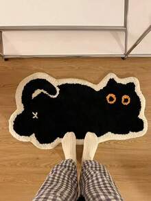 1pc Cute Cat Pattern Floor Mat 40X60cm (15.7X23.6inch), Soft Plush Non-Slip Water Absorbent Bath Mat For Bathroom, Bedroom, Living Room, Kitchen, Entryway, Washable, New Arrival Autumn Season, Halloween Decoration - Black - 查看 2