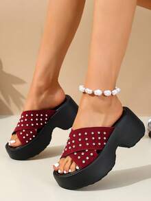 铆钉交叉厚底拖鞋，女士时尚夏季舒适沙滩拖鞋 - 紅色 - 查看 5