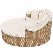Garden Lounge Chair Set, Sun Island, Rattan Garden Table And Chair Set, Shell Garden Lounge Chair Bed, Extendable Canopy, Liftable Tabletop, Beige, Including All Cushions And Seat Cushions - A - View 4