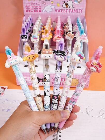 SANRIO Bộ 6 bút bi hình hoạt hình có thể xóa được - đầu bút 0.5mm, mặt dây chuyền nhựa, văn phòng phẩm dễ thương.