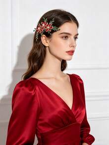 1pc Matching Rhinestone Flower Headband With Crystal Leaf, Gold-Tone Hair Accessory For Performance, Street Style, Bridal,Elegant,Party - Multicolor - View 2