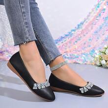 Spring/Autumn New Rhinestone Shoes Women, Pointed Toe Soft Bottom Grandma Shoes, French Luxury Wedding Bridesmaid Shoes, Non-Slip Comfortable Loafers, Versatile Commuter Plus Size Flat Shoes - Black - View 2