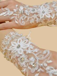1 par de nuevos guantes de novia para vestido de boda, guantes cortos sin dedos hechos a mano con encaje y rhinestones para estudio de bodas - Blanco - Ver 3