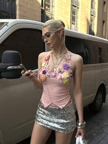 Summer Heavy-Duty Handmade Floral Halter Neck Camisole, Slightly Sheer And Slimming Cropped Top, Perfect For Beach Parties. - Pink - View 8