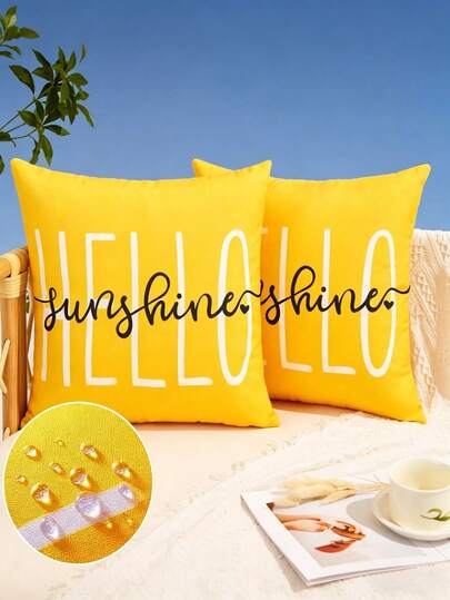 2Pcs Outdoor Pillow Covers ,18x18 Inch/12*20Inch  Hello Sunshine Decor Yellow Waterproof Summer Outdoor Waterproof Pillow Covers Decor For Patio Funiture Garden Sofa Couch