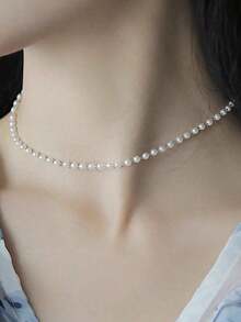 1pc French Vintage Pearl Necklace, Minimalist Collarbone Chain With Random Pearl Quantity - trắng - Xem 3