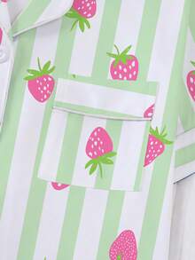 2pcs/Set Women's Pajama Set, Striped Strawberry Print, Women's Loungewear, Spring/Summer Holiday Outfit, Short Sleeve Lapel Top And Shorts Set Suitable For Outdoor Wear - Multicolor - View 4