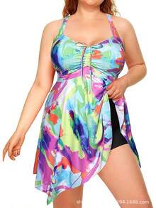 2026 New Arrival Plus Size Women's Tropical Print Halter One Piece Swimdress, Tummy Control Ruched Bathing Suit With Skirt, Summer Beach Vacation Swimwear - 黑白條紋 - 查看 6
