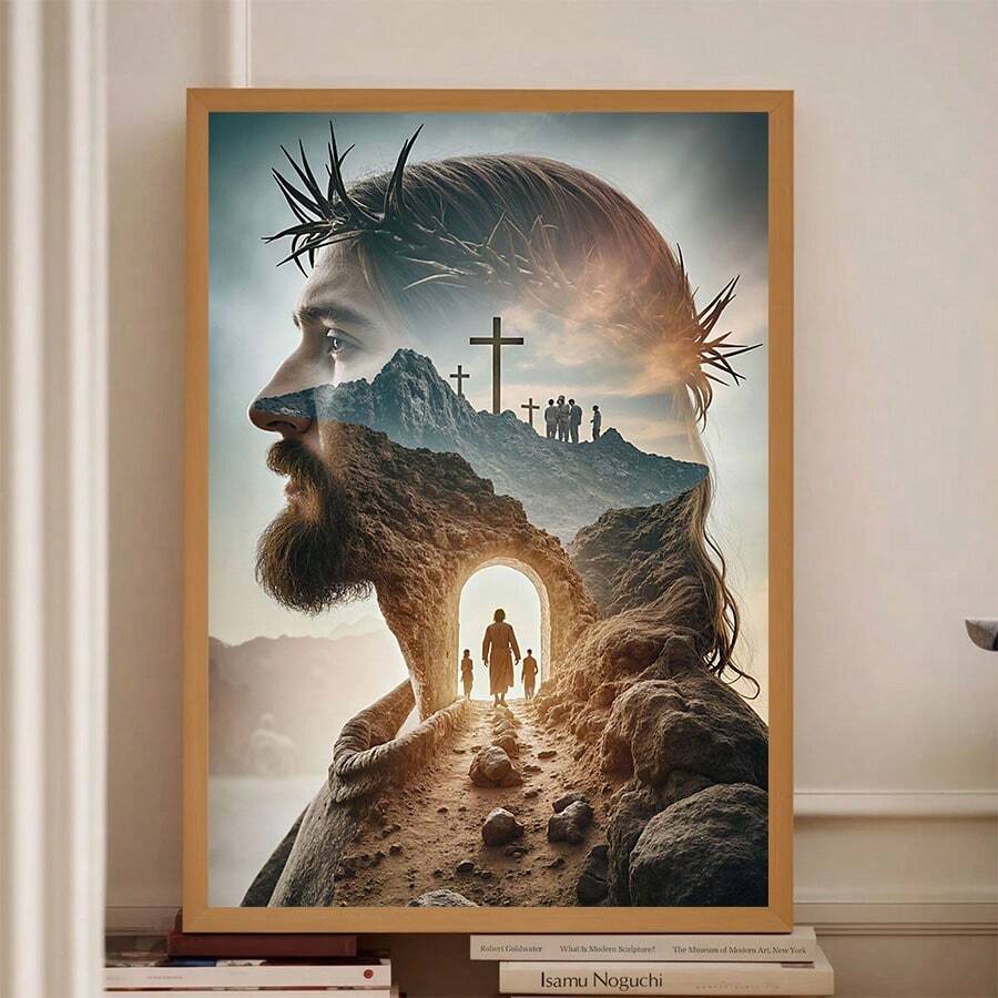 1pc Surreal Jesus Cross Canvas Wall Art, Religious Resurrection Scene With Cave And Silhouette Canvas Poster Print Suitable For Living Room And Prayer Room Decoration, Christian Faith Poster, Canvas Painting, Wall Decor Gift, Unframed